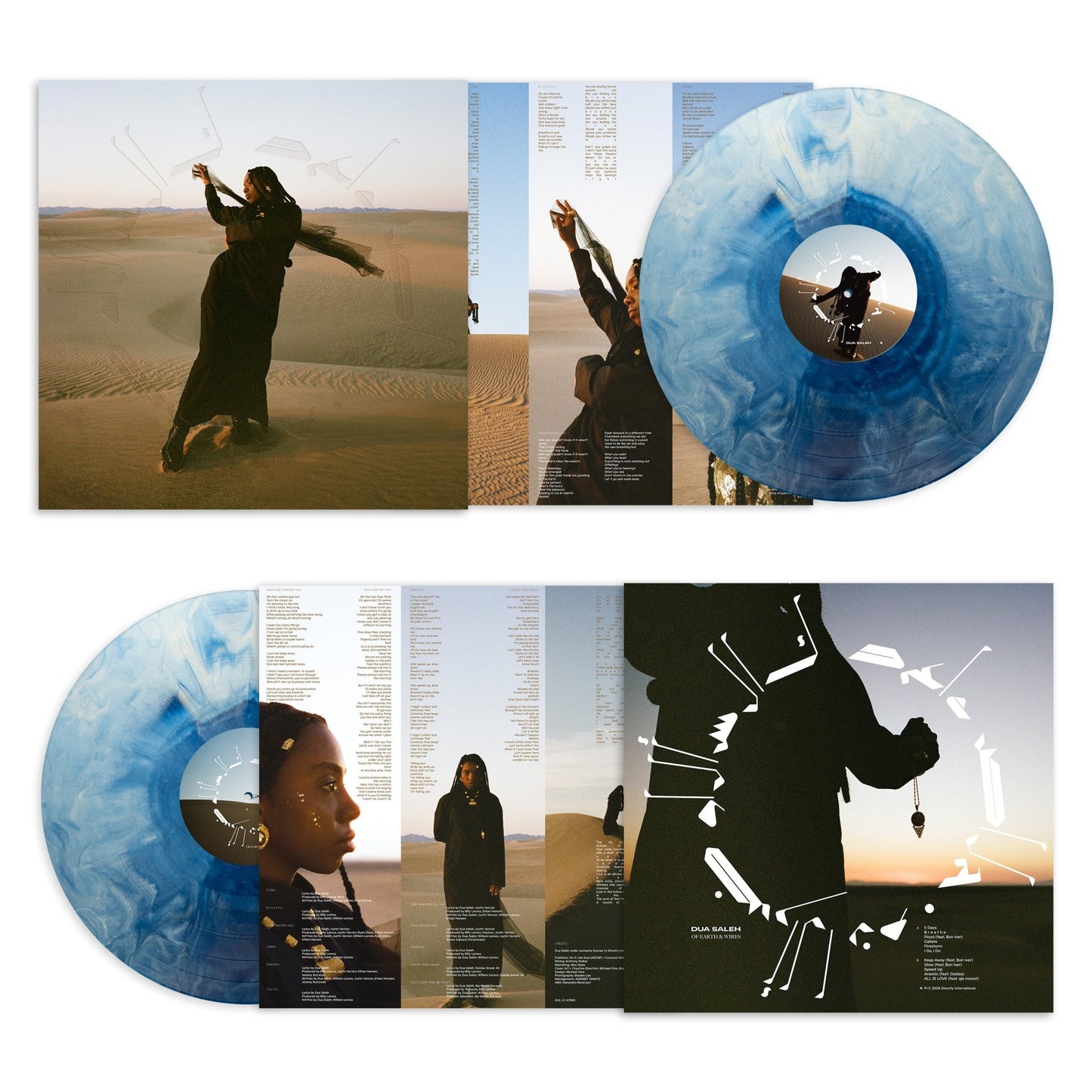 Of Earth & Wires blue marbled vinyl record with desert photography and lyric inserts in a gatefold sleeve