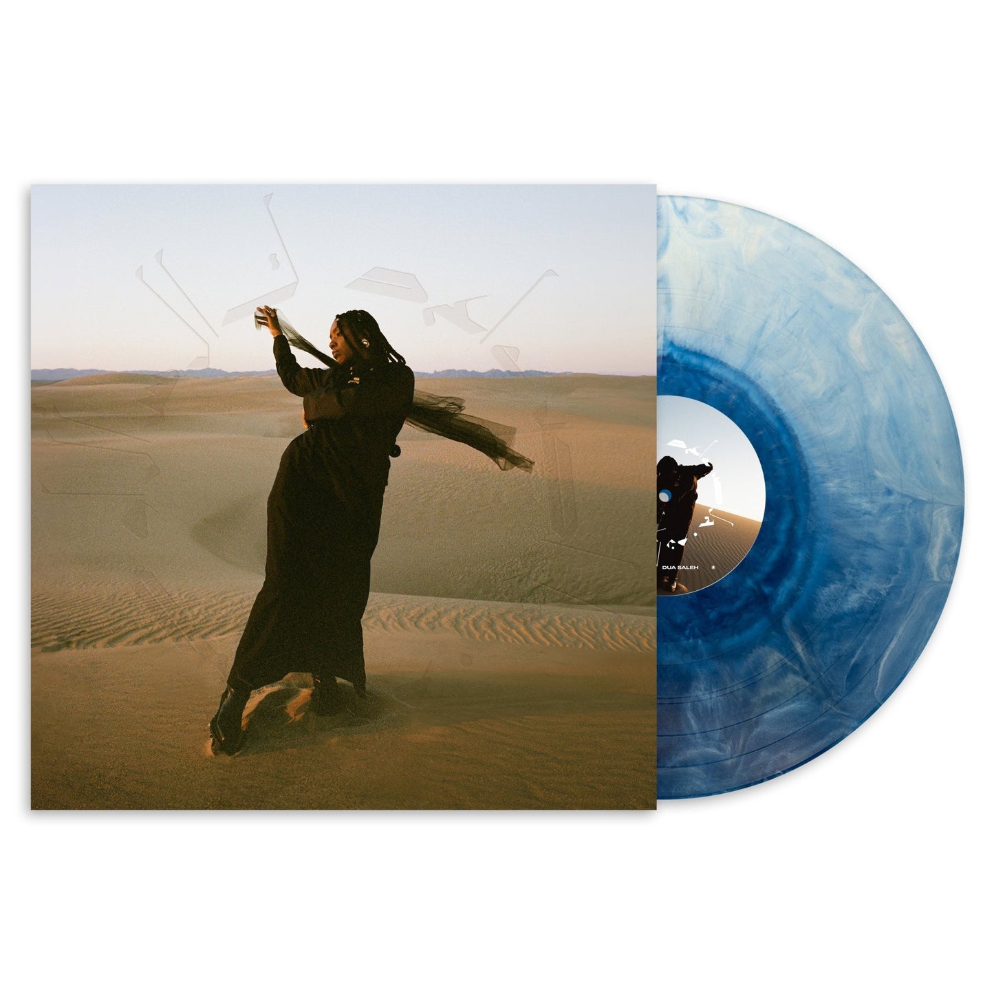 Of Earth & Wires vinyl record with blue marble design and cover art of a person dancing in a desert landscape