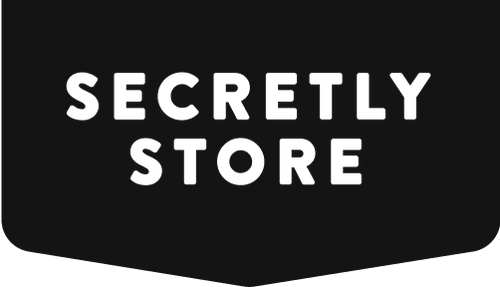 Black background shape with secretly store written across it