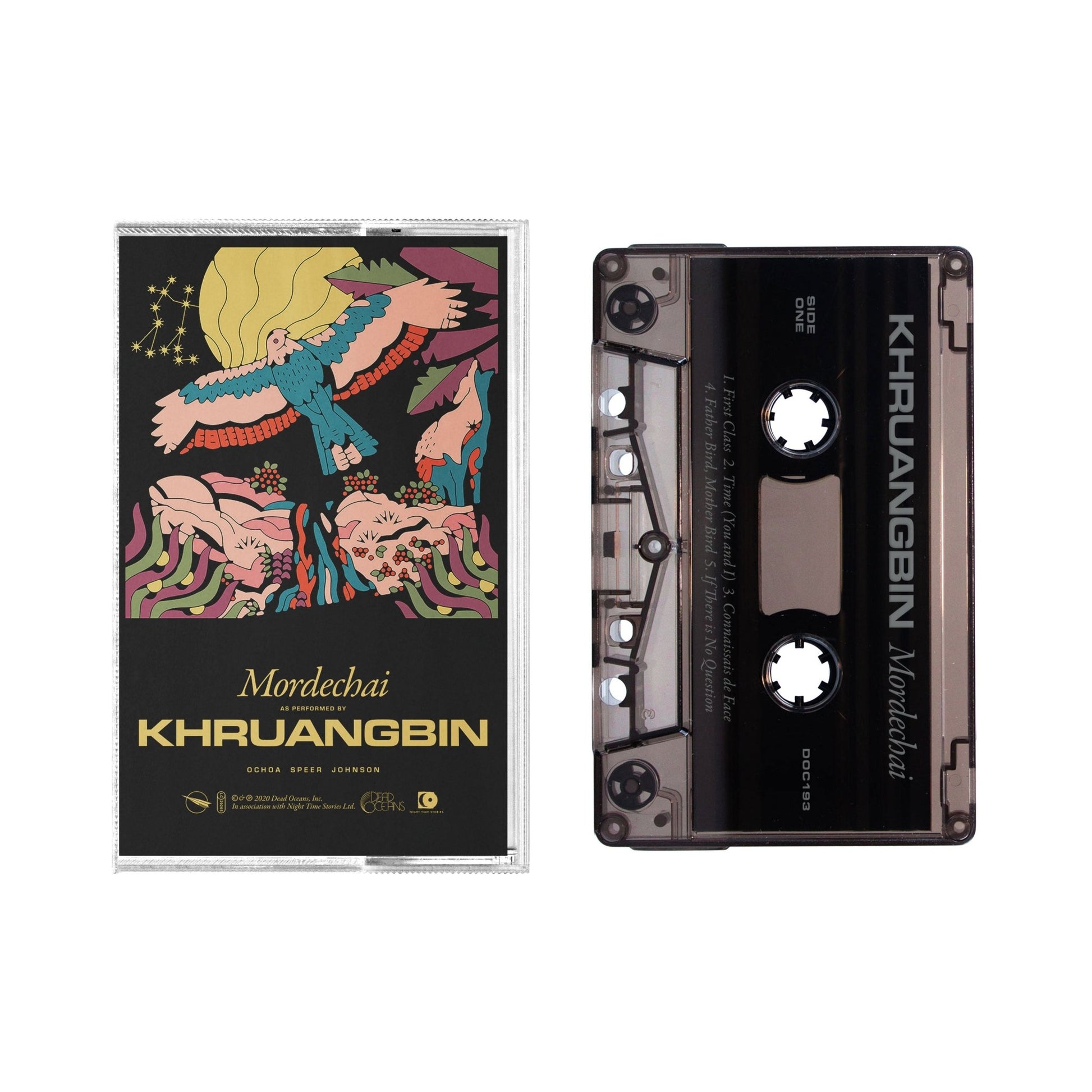 Cassette tape and case for Mordechai with colorful bird artwork and Khruangbin branding on the label and cover.