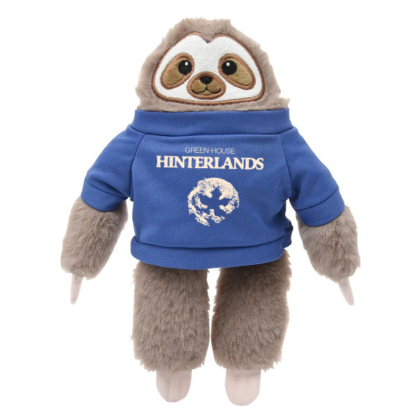 Soft plush sloth toy wearing a blue hoodie with Hinterlands logo and earth graphic on the front.